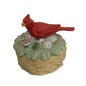 Vintage Lefton Red Cardinal Bird On Nest Trinket Box Porcelain Hand Painted